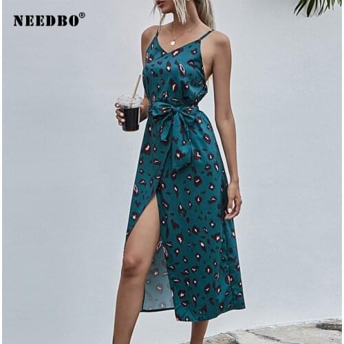 NEEDBO Dress Women Midi Elegant Casual Spaghetti Strap Sundress Print Sexy Backless Dress Sleeveless Slip Beach Ladies Dresses