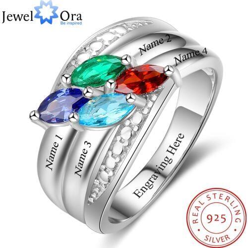 Personalized Gift for Mom Engrave 4 Names Childrens Birthstone Promise Rings 925 Sterling Silver Jewelry (JewelOra RI103282)