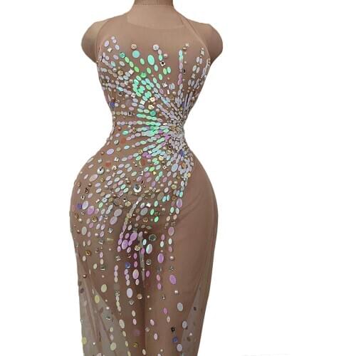 Sexy Mesh See Through Sequins Rhinestone Evening Party Dress Women Halter Club Perspective Dress Prom Long Dress Stage Clothes