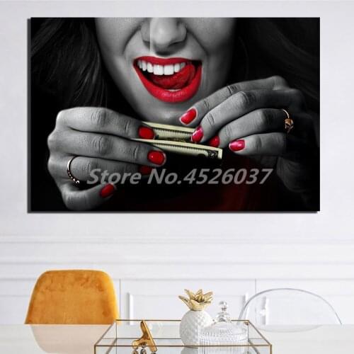 Sexy Red Lips Woman Counting Money Poster Painting On Canvas Bedroom Wall Art Decoration Pictures Home Decor