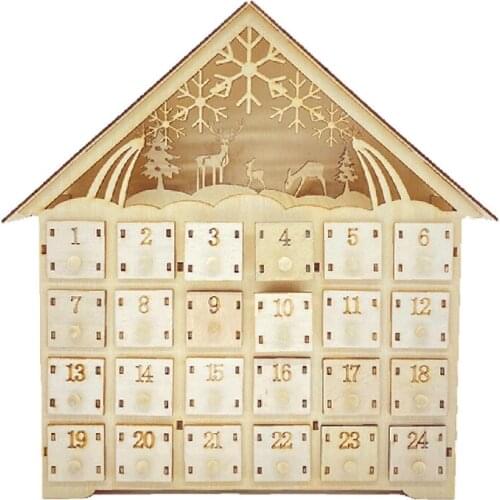 Elk Snowflake Wooden Christmas Countdown Calendar LED Lighted Wood House Xmas Party Decor Advent Calendar 24 Storage