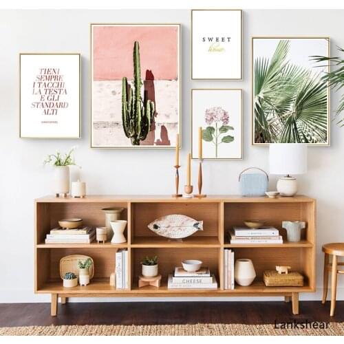 Pink Cactus Green Plant Flower Creative English Canvas Painting Art Abstract Print Poster Picture Wall Nordic Home Decoration