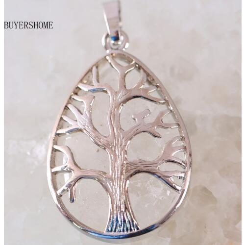 Silver Color Tree of life Water Drop Necklace Pendant Natural Gem Stone White Crystal1Pcs K448