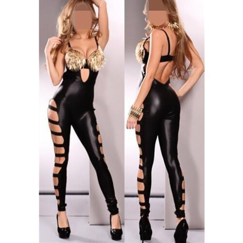 Sexy Leather Catsuit Fashion Black Hallow out Jumpsuit Women Clubwear Rivet Gold Jumpsuit Hot Fashion Jumpsuit