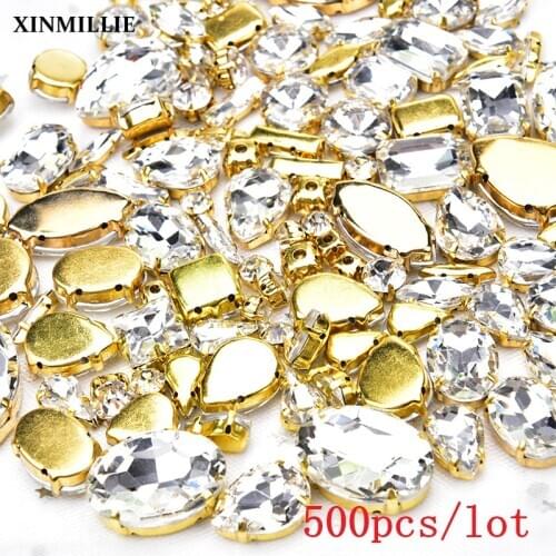 Glass 500pcs/Lot Mix Shape Size Sew On Rhinestones Flatback With Metal Gold Claw Setting DIY Fabric Wedding Dress Crystal Button