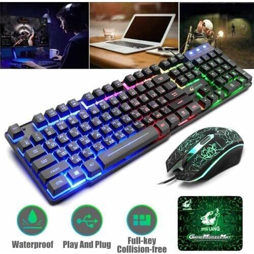 104 keys Gaming English Russian Keyboard Mechanical Feel Rainbow LED Backlight USB Keyboard And Mouse Set Ergonomic for PC