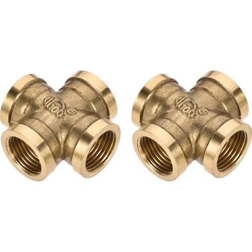 Uxcell 2Pcs Brass Cross Pipe Fitting 1/2G Female Thread Equal Diameter Four-Way Joint 4 Way Connector Coupler Equal Diameter