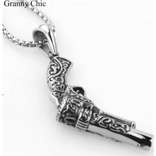 Granny Chic Mens Vintage Silver Stainless Steel Casting Revolver Gun Pendant Free Box Necklace