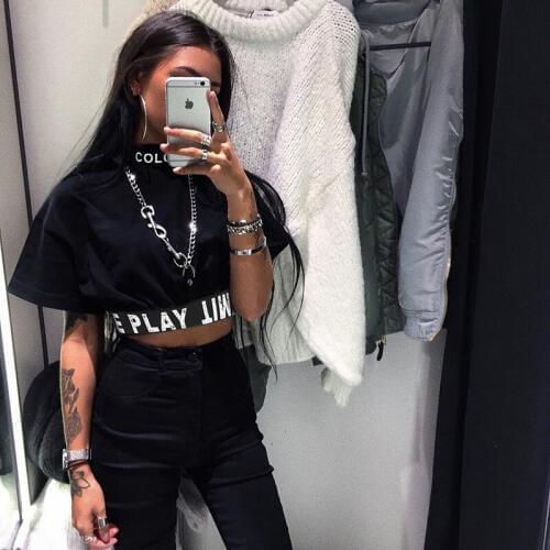 2019 Summer Womens T-shirt Letter Print Loose Black Sexy Casual Street High Collar Fashion All-match Short Sleeves Crop Top