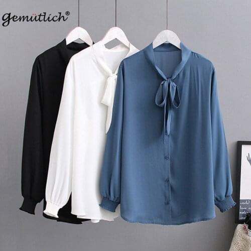 GEMUTLICH Women Big Size Chiffon Shirt Long Sleeves Blouse Bow Collar 2XL-5XL Autumn Office Lady Top Solid Color
