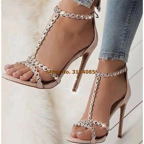 Women New Year Beige Pink Sude T-strap Studded Sandals Stiletto Heels Strappy Metal Decorated Dress Pumps Rivets Gladiator Shoes