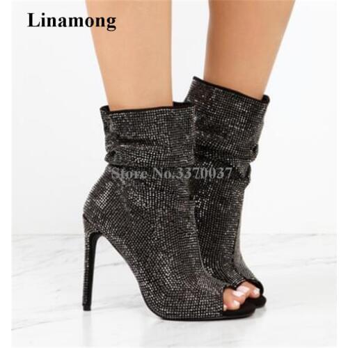 Women New Design Open Toe Bling Bling Black Rhinestone Short Gladiator Boots Slip-on Crystal High Heel Boots Dress Shoes