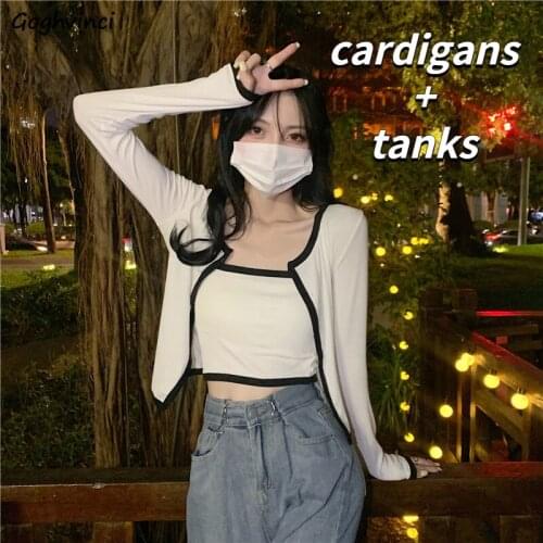 Sets Women 2 Pieces Long Sleeve Cardigans Cropped Tanks Patchwork Sexy Sweet All-match Party Cozy New Ulzzang Outfits Mujer Ins