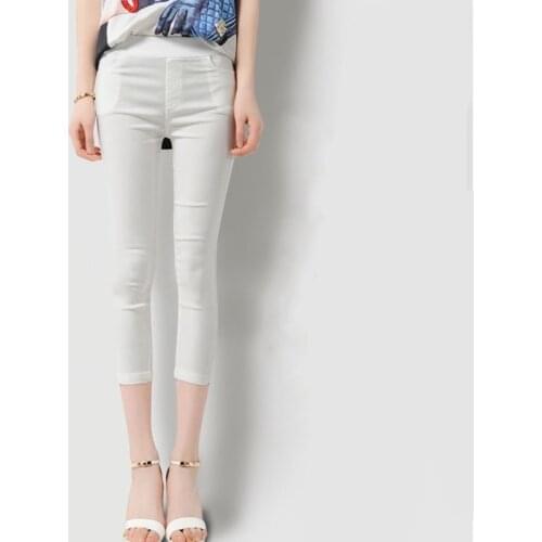 2021 Summer Black White Leggings Women High Waist Stretchy Skinny Knee Length Pencil Pants Ladies Office Work Cropped Trousers