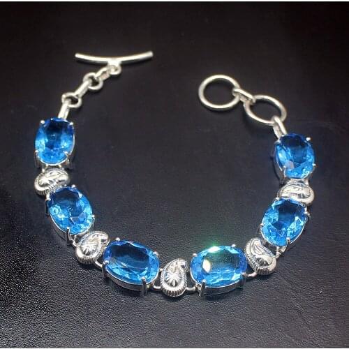 Gemstonefactory Jewelry Big Promotion Single Unique 925 Silver Sparkling Shiny Blue Topaz Women Bracelet 19cm 20210151