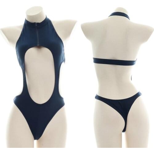 Womens High Split Open chest Hollow out Sukumizu Swimsuit Swimwear Japanese Girl School Sexy Zipper Backless Bodysuit Beachwear