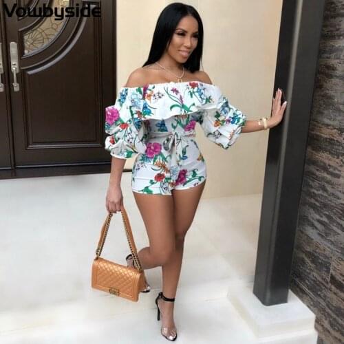 Summer New Style Womens Rompers Fashion Casual Slim Printing Slash Neck Ruffled Off Shoulder Short Sleeved T-shirt Short