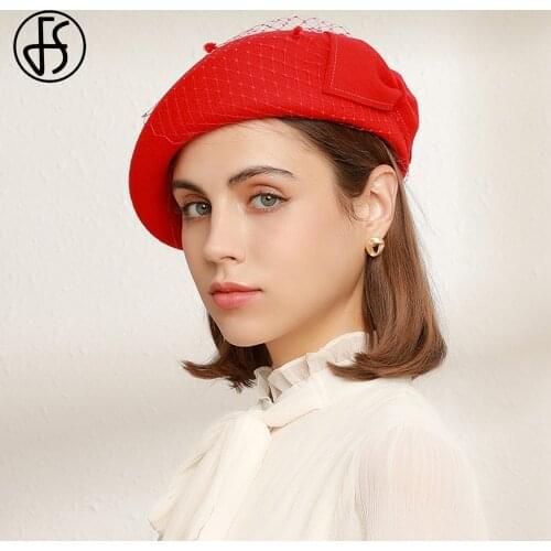 FS Elegant 100% Wool Women Berets For Autumn Winter Hat Vintage Sweet Girls Hats Beret Femme Female Warm Cap With Veils Bowknot