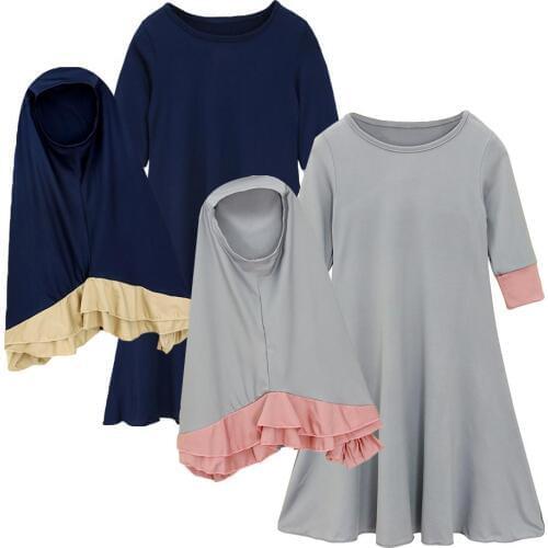 1-6T Kids Dress Hijab Sets Muslim Girls Abaya Headscarf Eid Child Two Pieces Suits Islamic Ramadan Prayer Kaftan Jilbab Fashion