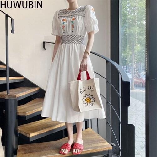 Summer Korean Womens Unique Round Neck Embroidery Slim Elastic Waist Short Sleeve Embroidery Waist Show Slim Fashion Dress