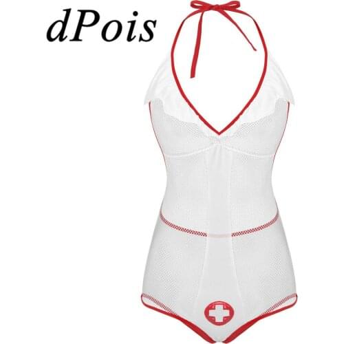 2Pcs Womens Sexy Naughty Nurse Cosplay Costume Lingerie Set Halter Neck Backless Fishnet Leotard Bodysuit with Headband
