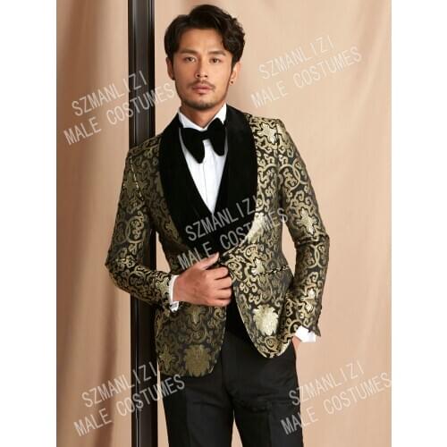 2020 Formal Men Suits For Wedding Dress Prom 3 Piece Groom Tuxedo Gold Blazer Shawl Lapel Costume Slim Fit Terno Masculino