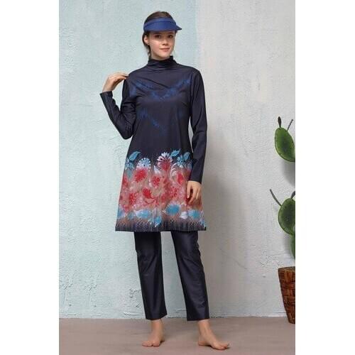 2021 jowl Game Flower Pattern Navy Blue Hijab SWIMSUIT WOMEN swimwear