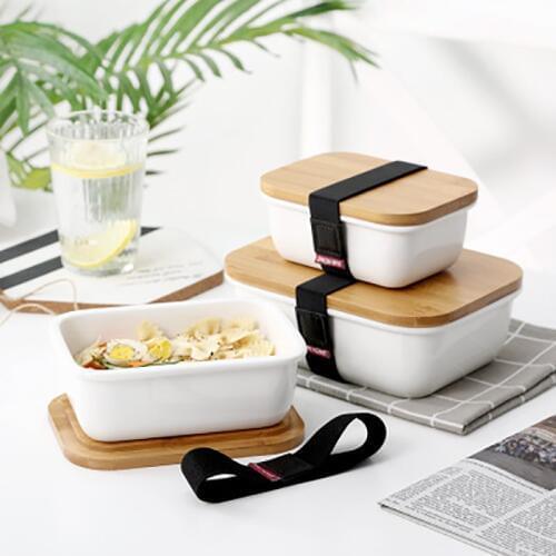 Baispo Bamboo Cover Lunch Box Japanese-style Ceramic Microwavable Sealed Food Container Adult Bento Box Refrigerator Storage Box