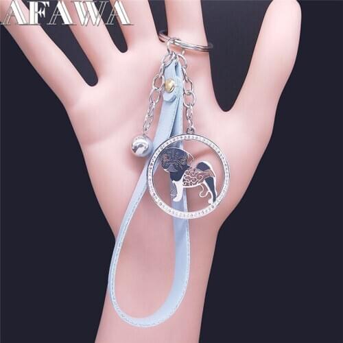 Pug Dog Tassel Stainless Steel Crystal Key Chain Silver Color Key Chain for Women Jewelry bijoux femme NXS01