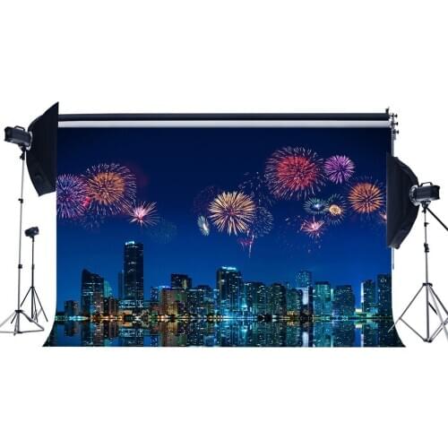 Photography Backdrop Merry Christmas Fancy Fireworks Modern Building Wedding Party Event Celebrate Decoration ackground