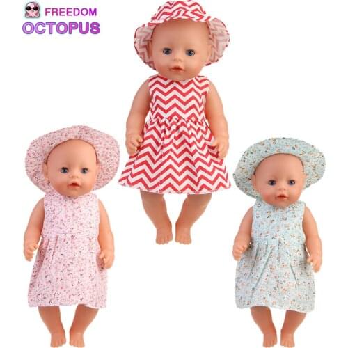 17 Inch American Doll Spring Summer Style Skirt Wave Stripe Floral Dress+Sun Hat Set Suit For 43cm Bebe New Born&OG,Russia Dolls