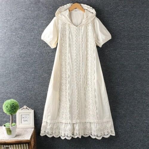 Summer Hook Lace Spliced Hooded Dress Sweet lolita short sleeve casual Loose Midi Dress