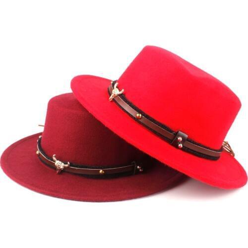 2019 Men Women Wool Flat Top Hat Wide Brim Church Hat Panama Jazz Hat Wool Fedora Hat Fascinator Size 56-58CM