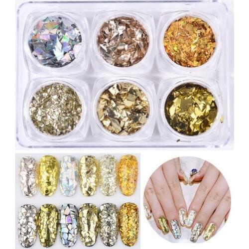 6 Boxes Nail Art Decoration Irregular Cellophane Paper Flake Slice Sequins 3D Glitter Nail Art Beautiful Abalone Shell Piece Set