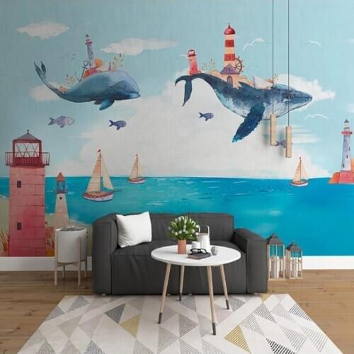 Seamless wallpaper Creative watercolor ocean whale childrens room background wall painting
