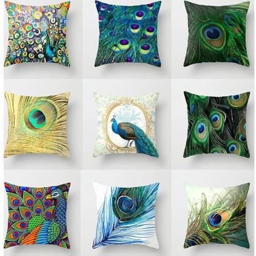 Pillowcase Peacock Feather Pattern Pillowcase Bird Printing Peach Skin Velvet Pillowcover Home Decoration Sofa 45cm x 45cm