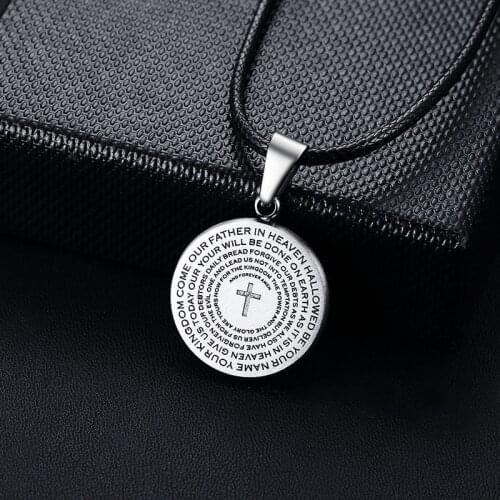 Modyle 2020 New Leather Chain Silver Color Cross Prayer Pendant Necklace for Man The Lords Prayer Catholic Jewelry Wholesale