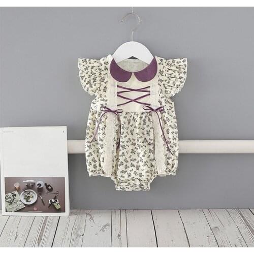 Baby Girls Clothes Peter Pan Collar Floral Print Baby Bodysuit Outfit Kids Jumpsuits 0-2Y