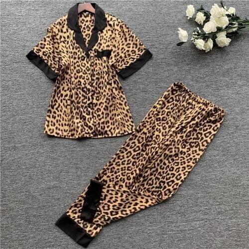 Womens Pajamas Sets Leopard Printed Wonen Nightwear Casual Lapel Collar Short Sleeve Top and Pants Couples Summer Sleepwear