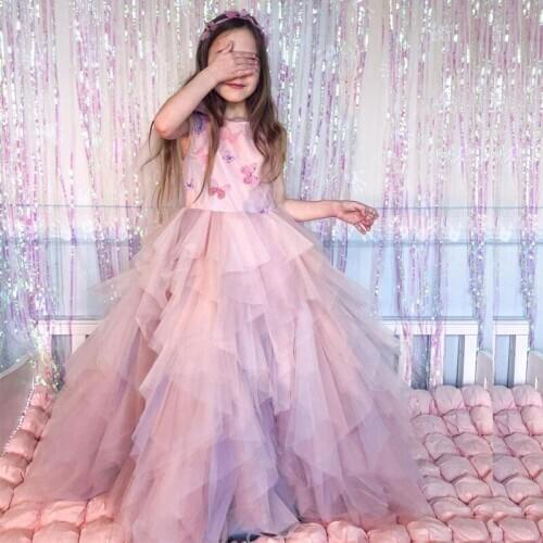 Stylish Ruffles A Line Flower Girls Dresses O Neck Pleat Buttefly Child Special Occasion Dress Floor Length Kids Pageant Gown