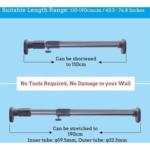 Expandable Bathroom Shower Curtain Tension Rod Adjustable Stainless Steel Rail Pole Clothing Drying Rack 43.3 - 74.8" DQ0120