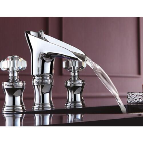 ROMAN SINK FAUCET BATHROOM MIXER TAP Widespread Basin Lavatory sink Faucet Waterfall chrome Mixer Tap crystal handles New