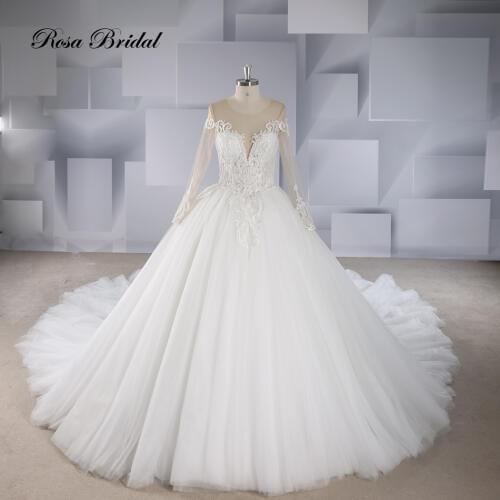 Rosabridal Ball Gown Wedding Dress Cathedral Long Sleeves O neck beading lace appliques over nude tulle with court train tail