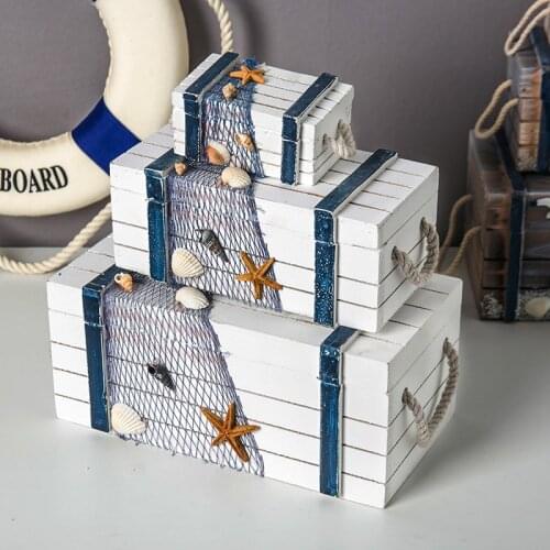 Mediterranean Wooden Storage Box Desktop Jewelry Organizer Cabinet Wall Marine Theme Decorative Case Home Decor Ornament Gift