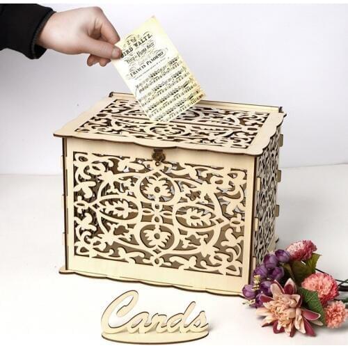 DIY Wedding Birthday Party Supplies Gift Card Box Wooden Money Box with Lock Beautiful Wedding Decoration