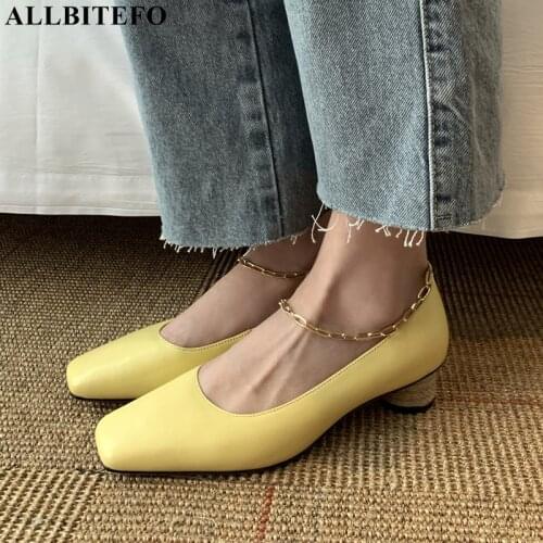 ALLBITEFO Square Toe Thick Heel Soft Genuine Leather Women Heels Shoes Spring Fashion Sexy Girls Party Wedding High Heel Shoes