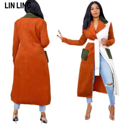 Autumn Womens Lapel Long Sleeve Orange Splicing Medium Length Lace Up Windbreaker with Belt Casual Coat