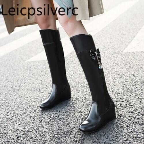 Womens Boots New winter fashion Round head butterfly Knot Internal increase mid heel High tube Womens shoes plus size 33-43