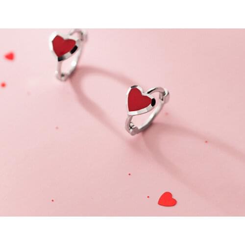 Real 925 Sterling Silver Red Heart Hoop Earrings For Fashion Women Party Bohemian Fine Jewelry Minimalist Accessories