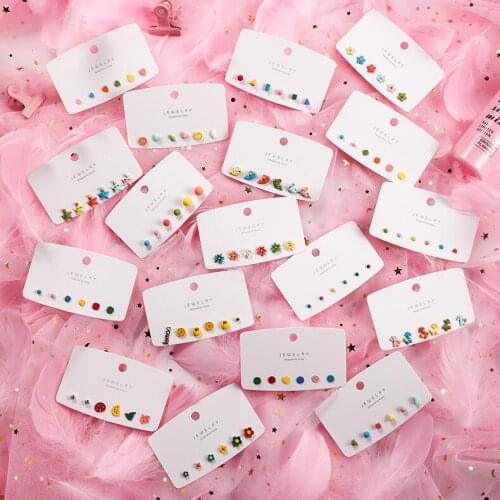 BUDROVKY Sweet 6 Piece Earings Set Personality Wild Colorful Cute Small Ear Stud Geometric Flowers Ear Pendant Women